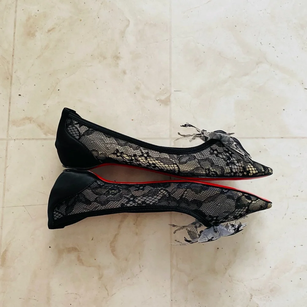 Christian Louboutin Delicatissima Black Satin Lace Pointed Toe Flats Size 8/38